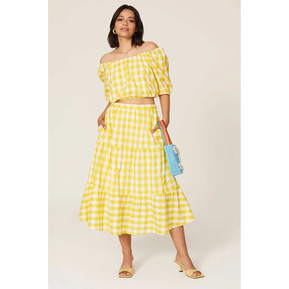 Color Me Courtney Yellow White Gingham Tiered Midi Skirt Size 6 Cottagecore
